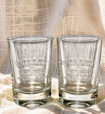 Pair of Bulleit Bourbon Frontier Whiskey Shot Glasses Oval Heavy Base Embossed 