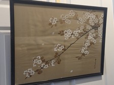 Vintage Japanese Hand Painted Flower Blossoms On Silk Framed Signed 18x23.5"