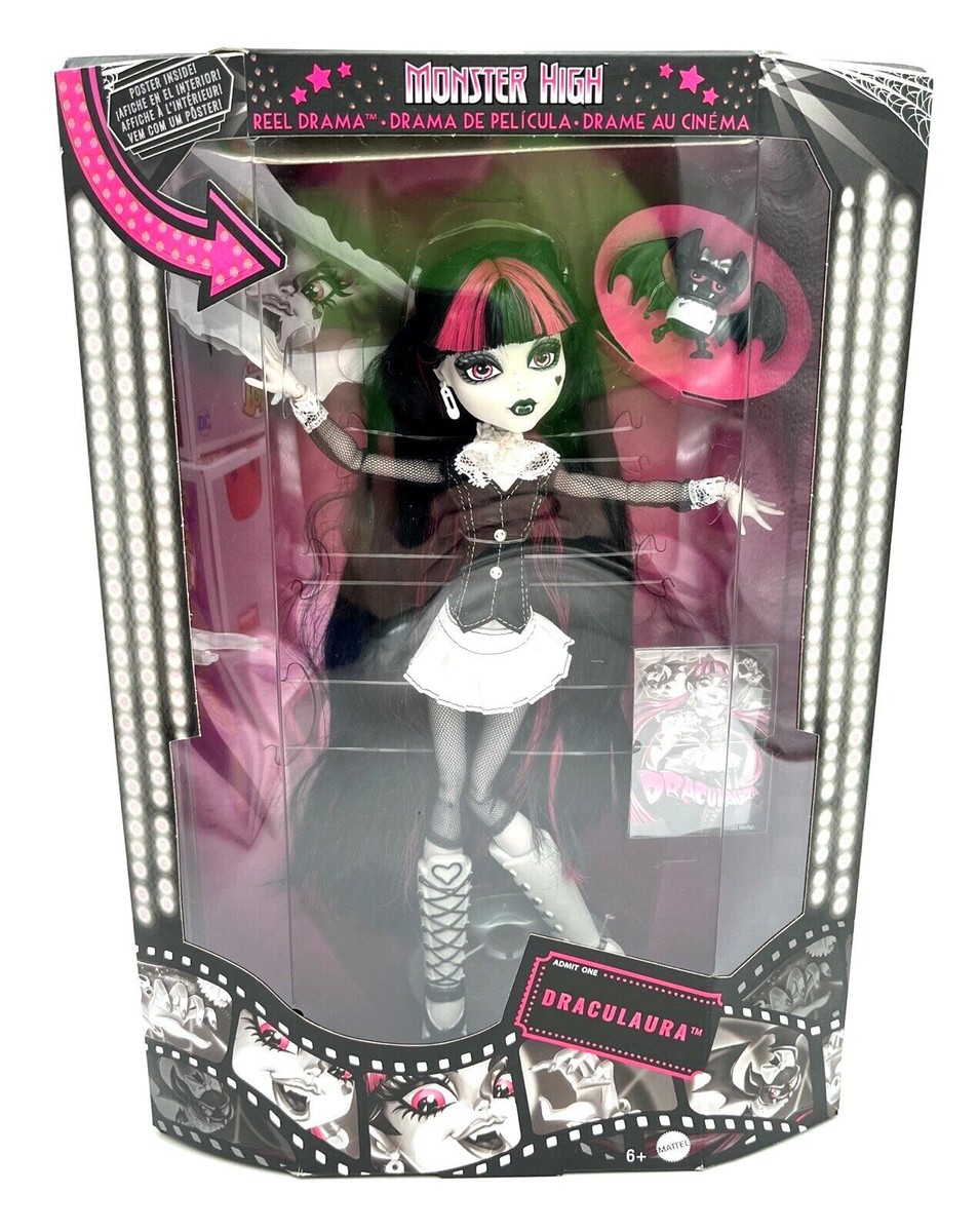 Monster High Reel Drama Draculaura Doll Black White Pet Count