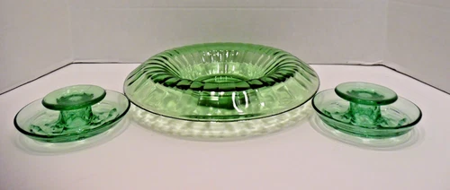 VTG Green Uranium Rolled Edge Console Bowl & 2 Taper Candle Holders L2028