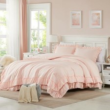 Pink Comforter Set 3Pcs Comforters Size Ruffle Farmhouse Bedding Queen Blush
