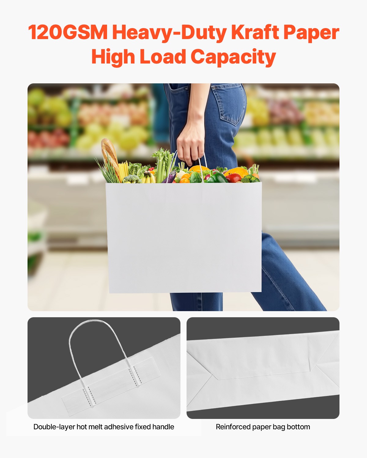 VEVOR Kraft Paper Bag with Handles 100Pcs 16x6x12 in Party Shopping Bag White