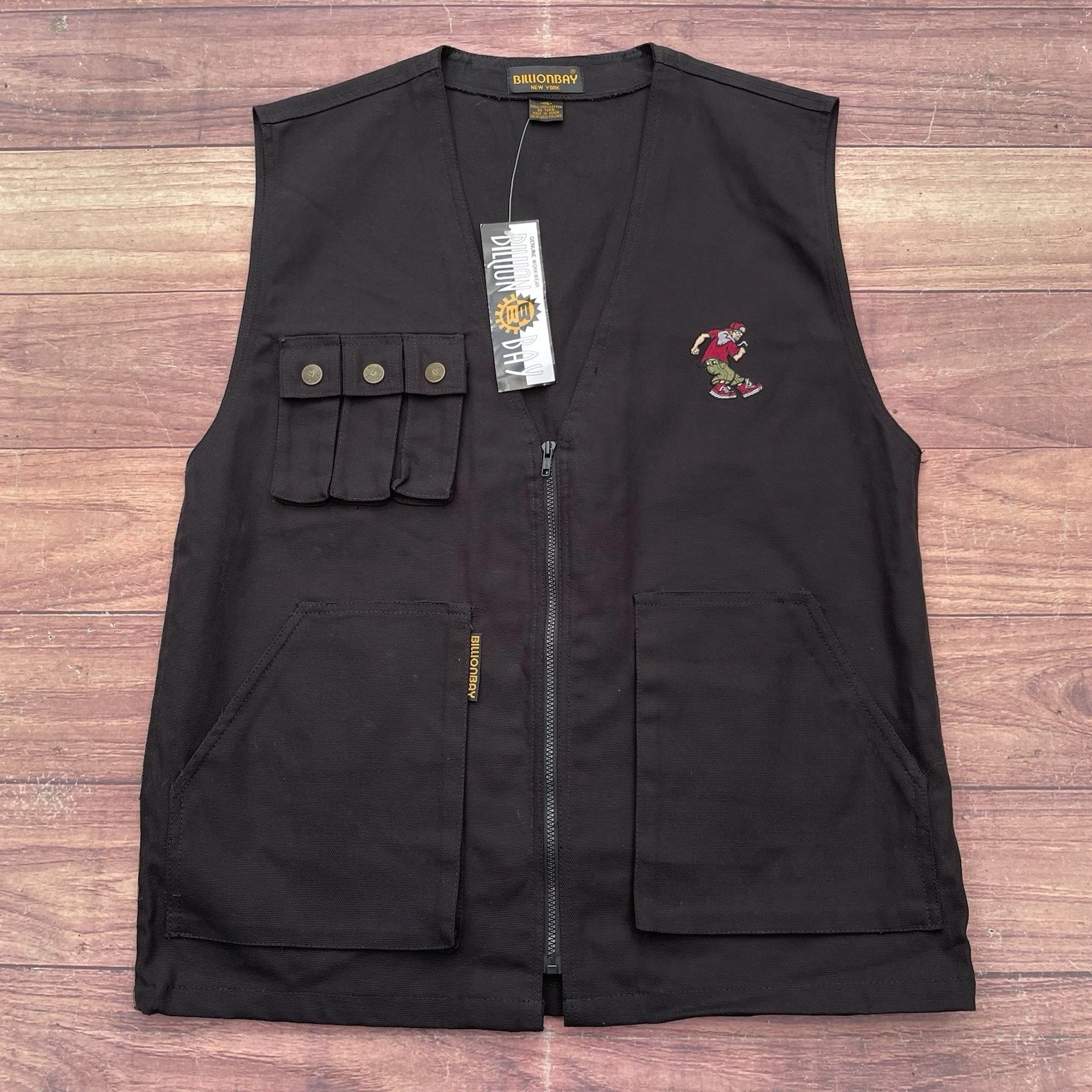Vintage 90s Billion Bay Black Denim Canvas Vest Mens 2XL Fishing Multipocket Y2K
