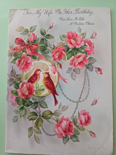 Vintage Greeting Card - Wife Birthday- Cadinal, flowers Glitter- Used 1964