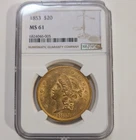 🥇 1853 Liberty Gold Double Eagle $20 Coin - NGC MS61 BU UNC Rare in Mint State