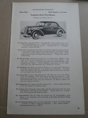 OPEL ADMIRAL 3,6 Liter MK Testkarte 1939 Datenblatt Testbericht Prospekt
