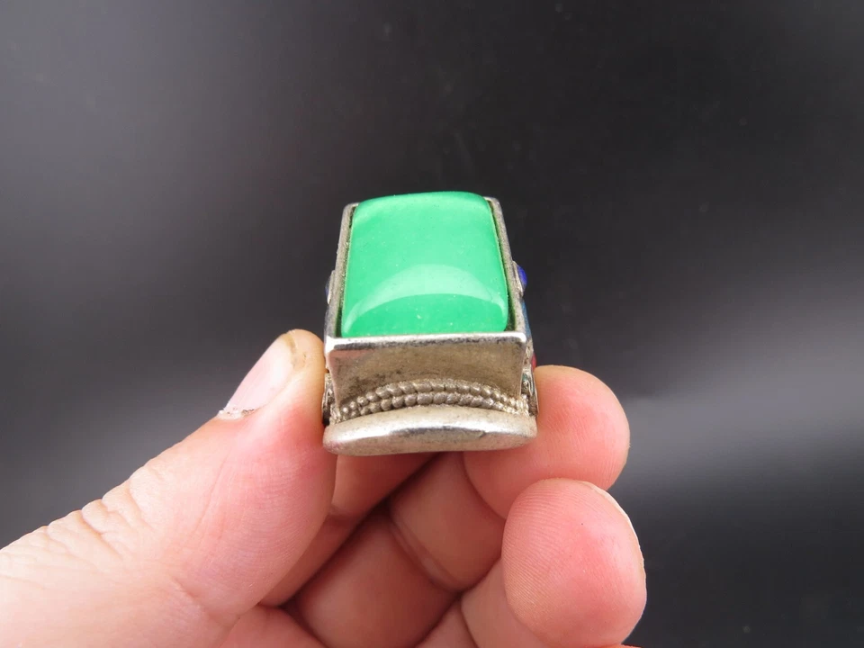 China, jade, plata pura, jade natural, incrustación de jadeíta, anillo raro, banzhi L (807) Foto 4 de 4