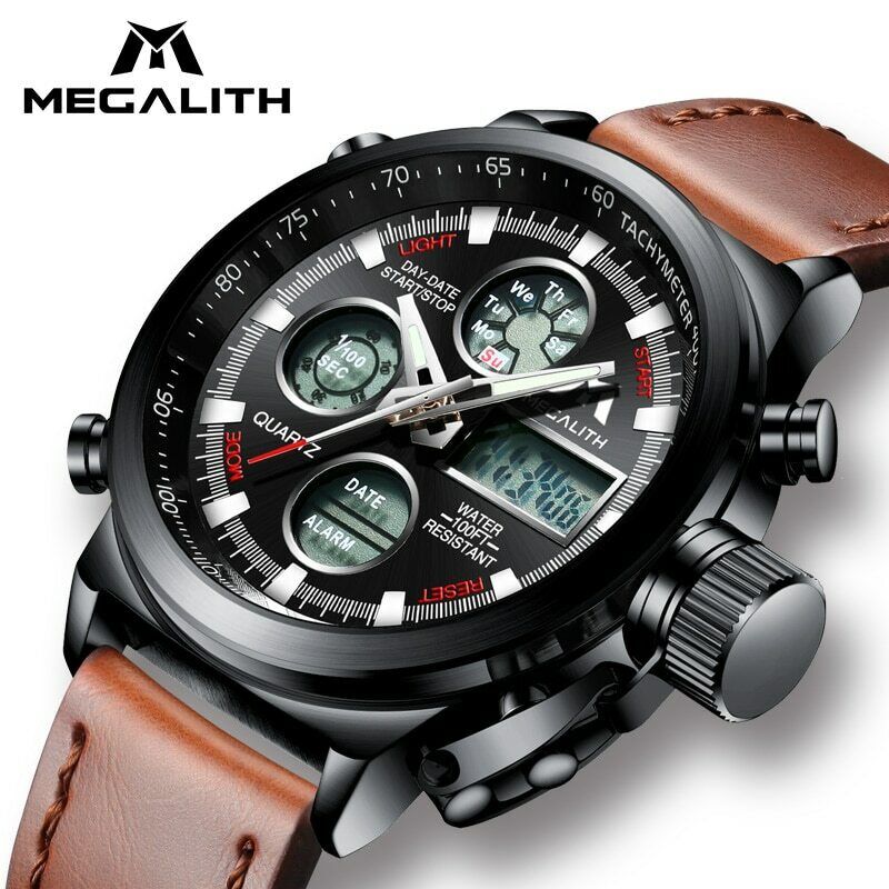 MEGALITH Wristwatch Men Military Sport Leather Waterproof Wristwatch LED Digital