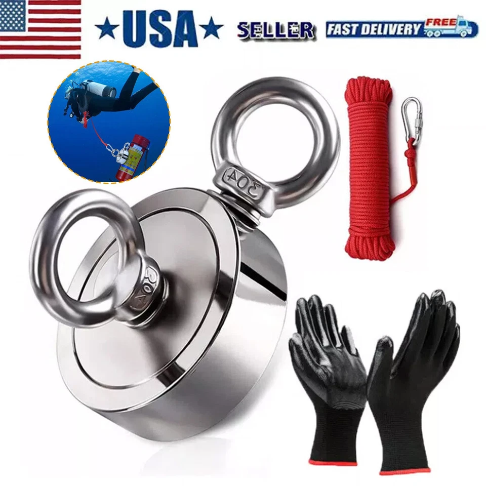 2000 LBS Strong Fishing Magnet Kit Double-Sided Pull Force and Rope Carabiner US