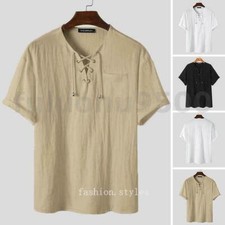 Men Linen Cotton Short Sleeve Lace Up Shirts Hippy Loose Beach Yoga Blouse Shirt