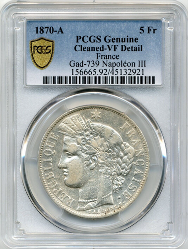 1870-A France 5 Francs, Ceres (With Motto) - PCGS VF Detail - Picture 2 of 3