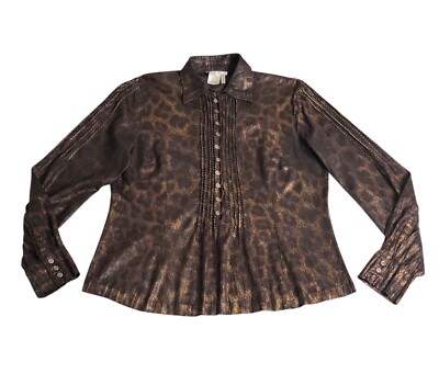 Alberto Makali Cheetah Faux Leather Top Women M Brown Button Popover Long Sleeve