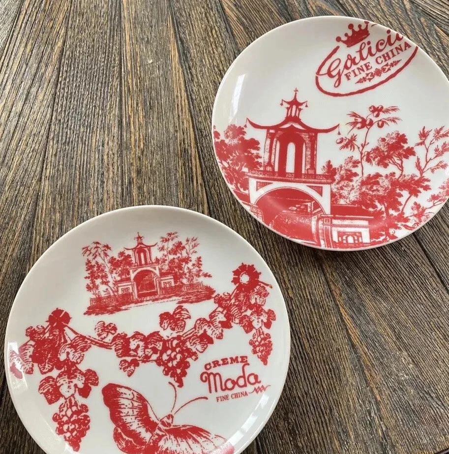 Anthropologie red toile Chinoiserie Salad Dessert Plate Set 2 butterfly chinese - Image 2 of 4