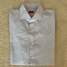 ISAIA Micro Check Print Spread Collar Dress Shirt in Blue Size 17 1/2 595