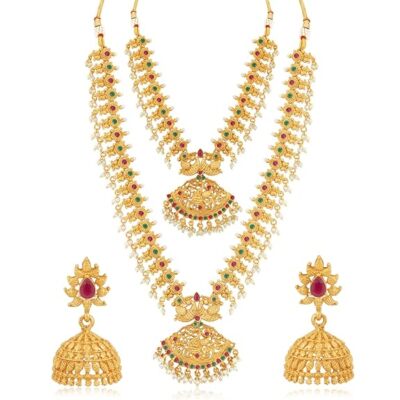 Gold Plated Peacock Long Haram Necklace Set for Women