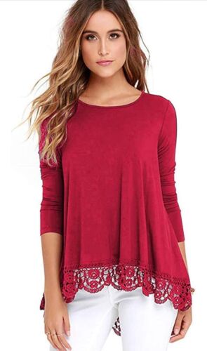 Womens Tops Casual Long Sleeve Crewneck Lace Tunic Tops Shirts Blouse