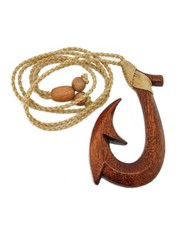Hawaiian Jewelry Large Koa Wood Hand Carved Fish Hook Necklace from Hawaii