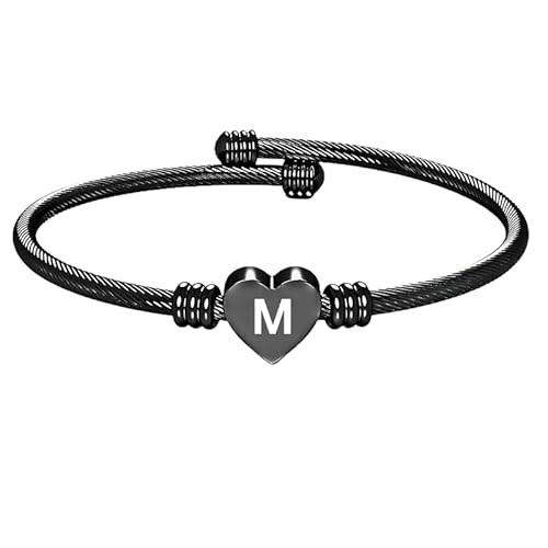 Stainless Steel Heart Word-M Bracelet Engraved Charm Bracelet for Women Black