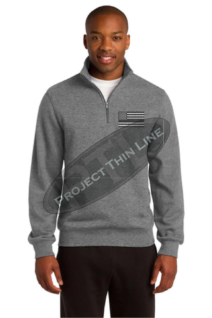 Thin Silver Line Flag Embroidered Men's 1/4 Zip Fleece SweatshirtCorrections