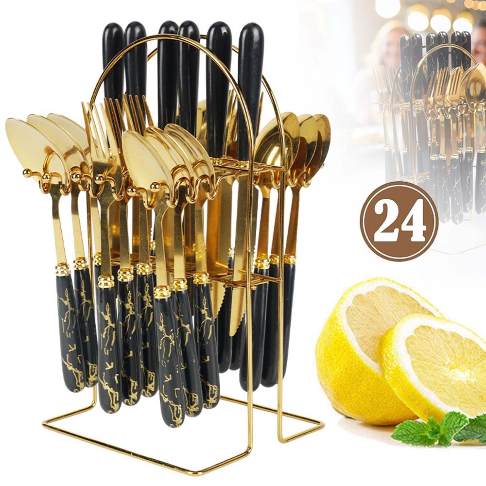 Gold Besteck Set 6 Personen, 24 Stück Edelstahl, Messer Gabel Löffel mit Halter