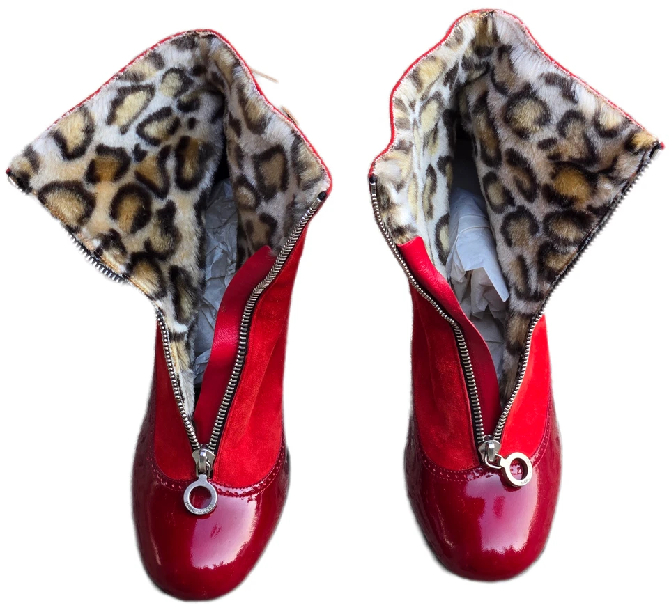 Botines Marc Jacobs Diseñador Rojo Charol Gamuza Leopardo Imitación Piel Talla 8 Foto 4 de 4