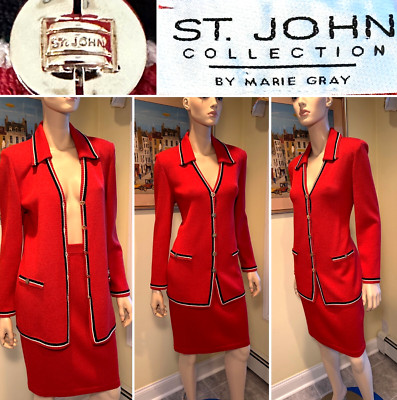 Vtg ST JOHN COLLECTION Size 10/Med Dark/Brick Red Stretch Wool-Knit Skirt Suit