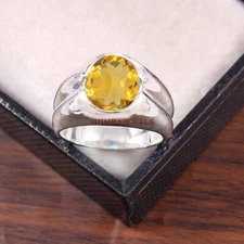 Natural Citrine Gemstone With 14K White Gold Plated Silver Men's Ring #374