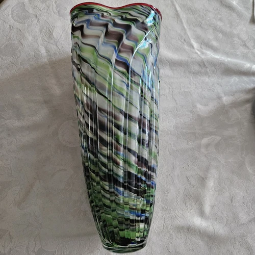 STUNNING LARGE MURANO ART GLASS VASE VIBRANT MULTI COLORED BLOWN 15 INCHES TALL