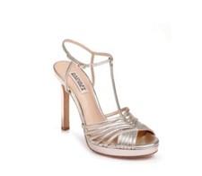 BADGLEY MISCHKA Angelica Metallic Nappa Leather T-Strap High Heel Sandals, Sz 7