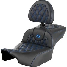 Saddlemen Roadsofa Extended Reach Seat w/ Backrest Blue Lattice Stitch for 23-24