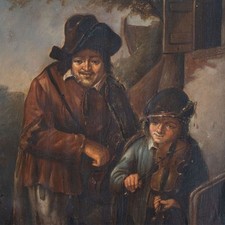Nach Adrian van Ostade Genre Alltag Mann Junge Geige &Ouml;l auf Kupfer 18. Jh.
