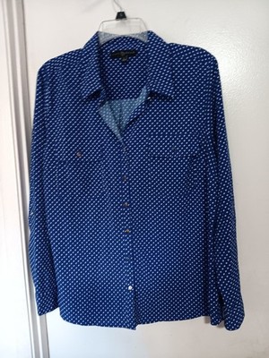 FRED DAVID WOMANS BLUE BUTTON DOWN BLOUSE ROLL TABV SLEEVES SIZE L