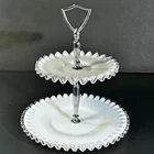 VTG Fenton Silver Crest 2 Tier Tidbit Tray Milk Glass Ruffled Edge Chrome Handle