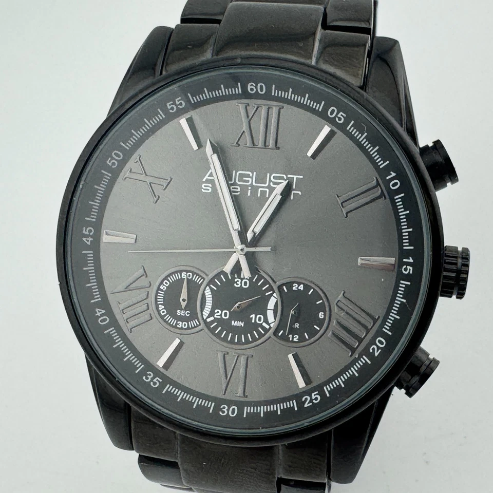 August Steiner Quartz Watch Men 30m Black Analog Chronograph New Battery 7.25" - Image 2 of 4