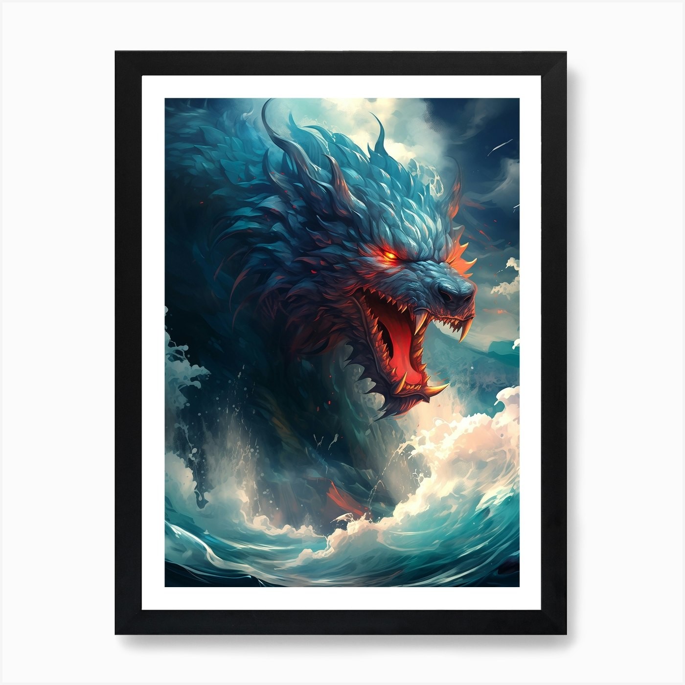 Dragon In The Sea Framed Canvas Wall Art Print Poster Picture  