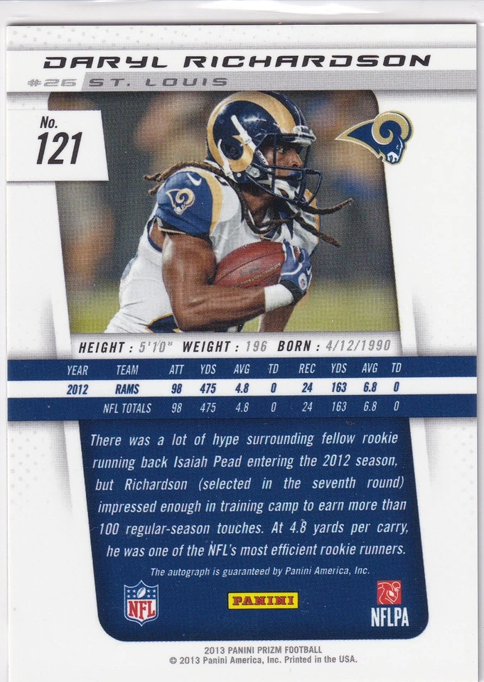 2013 Panini Prizm Daryl Richardson Black Auto #121 St. Louis Rams NFL - Image 2 of 2