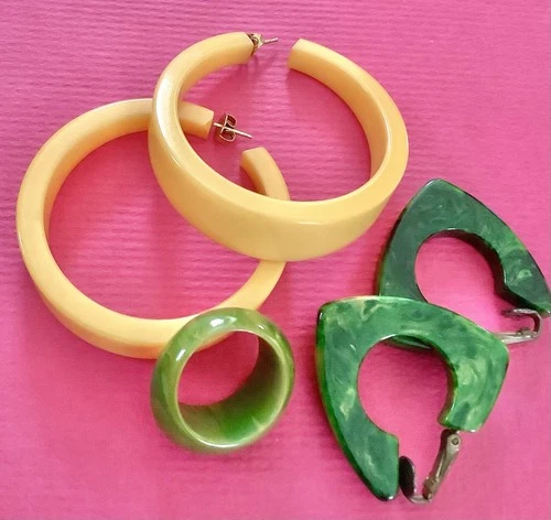 Vintage BaKeLiTe JeWeLRy EaRRinG LOT 40s HooP GReeN GoLD MarbLeD Estat ORG 5 P G