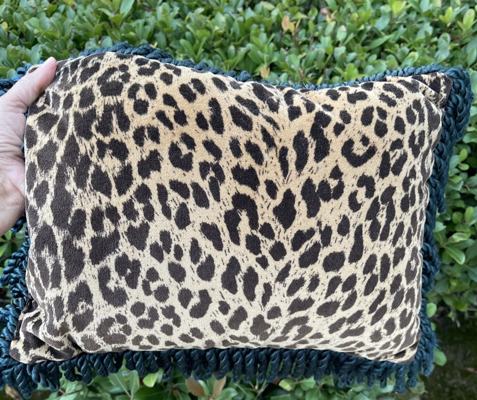 Newport Cheetah Print Velvet Pillow Black Tan Fringe Cording 15”x 11" Cushion - Image 3 of 4