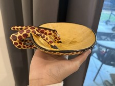 African Kenya Wood Giraffe Drinking Bowl Hand Carved, Hand Painted, 7.5"x5.5"