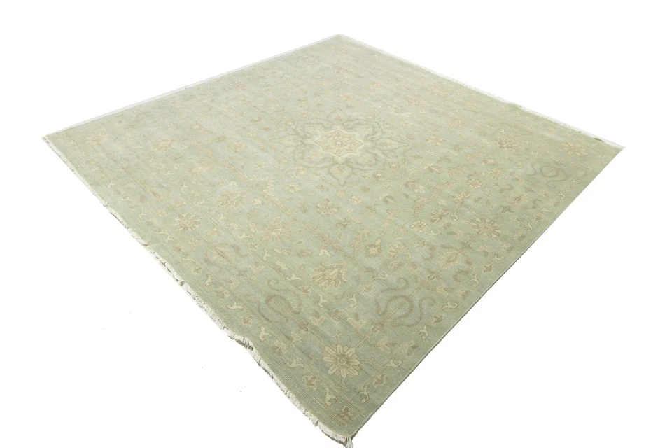 Handmade Floral Transitional Round Oriental Rug Muted Aqua Green Carpet 10X10 ft - Image 3 of 4