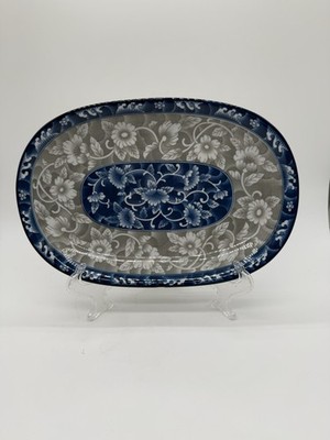 Cheng's Porcelain Tan Blue Floral Oval Serving Plate 10'' x 7''