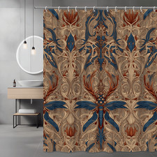 Dragonfly Floral Damask Shower Curtain Blue Beige Terracotta