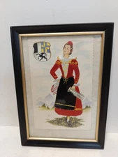 Vintage Framed Swiss Embroidered Folk Art – Woman in Costume with Crest Alps