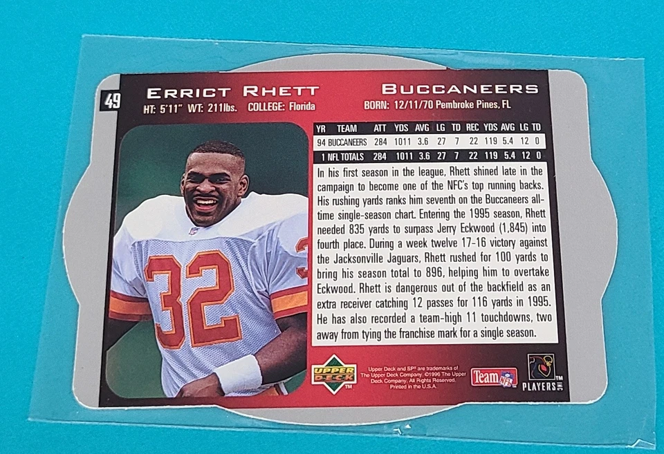 1996 SPx #49 Errict Rhett Tampa Bay Buccaneers FOOTBALL Card Z6 - Image 2 of 2
