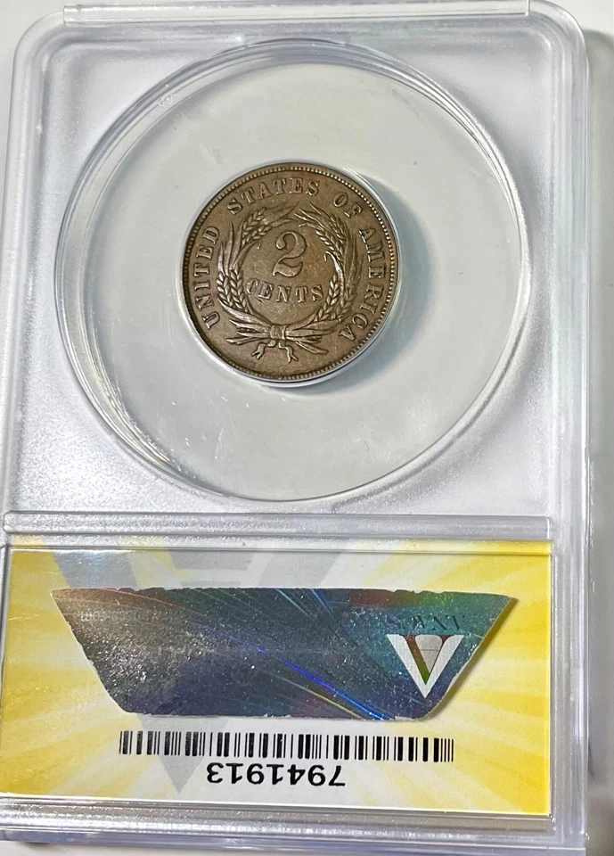 1865 USA TWO CENTS Fancy 5 repunched date ANACS graded AU 50 nice coin - Image 2 of 2