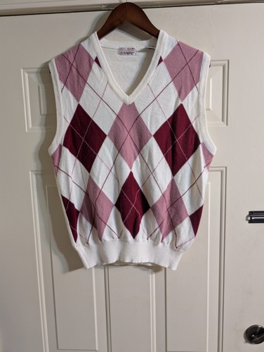 Lady LaMode RARE VINTAGE Argyle Cashmerlon Vest Rose, Cognac, & Cream Ladies XL