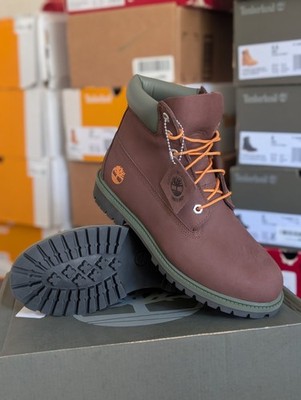 Timberland Boys Premium 6'' Nubuck Dark Brown w/Olive Work Boot- Size 7 Boys
