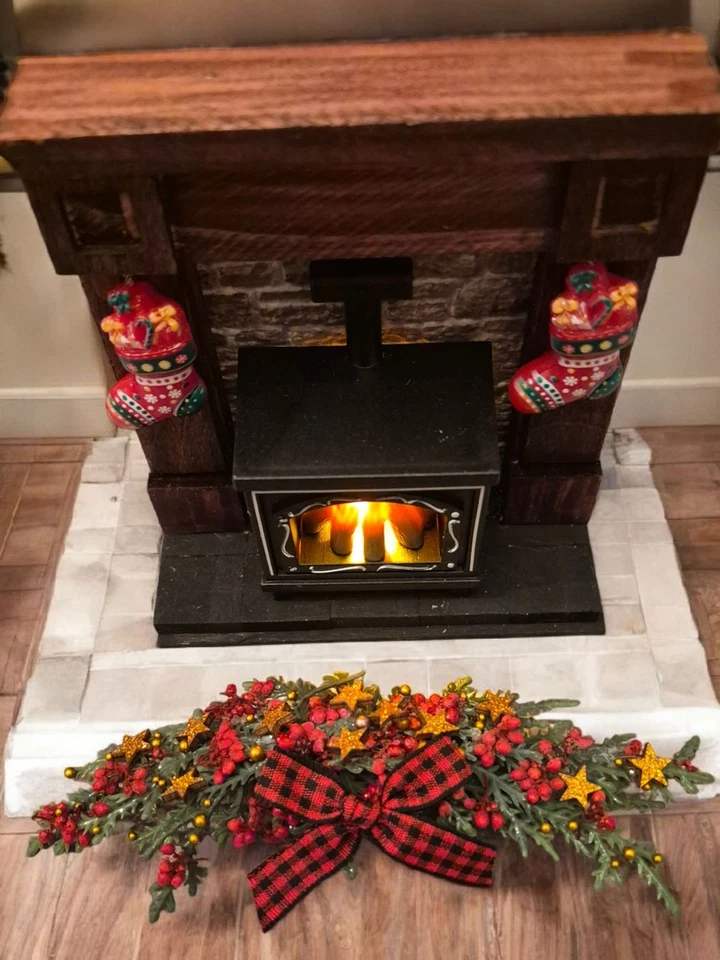Dolls House Rustic Fireplace with Christmas Decorations and Working Fire OOAK UK - Image 3 of 3