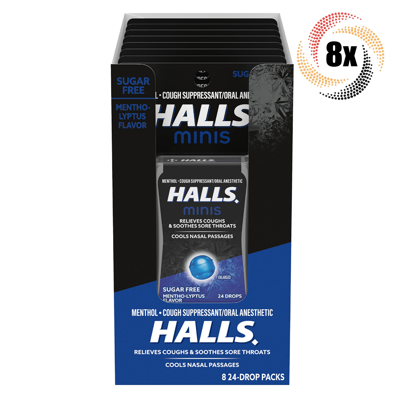 Полная коробка из 8 упаковок с ментолом HALLS Minis Ментоловые капли от кашля | 24 Капли в упаковке