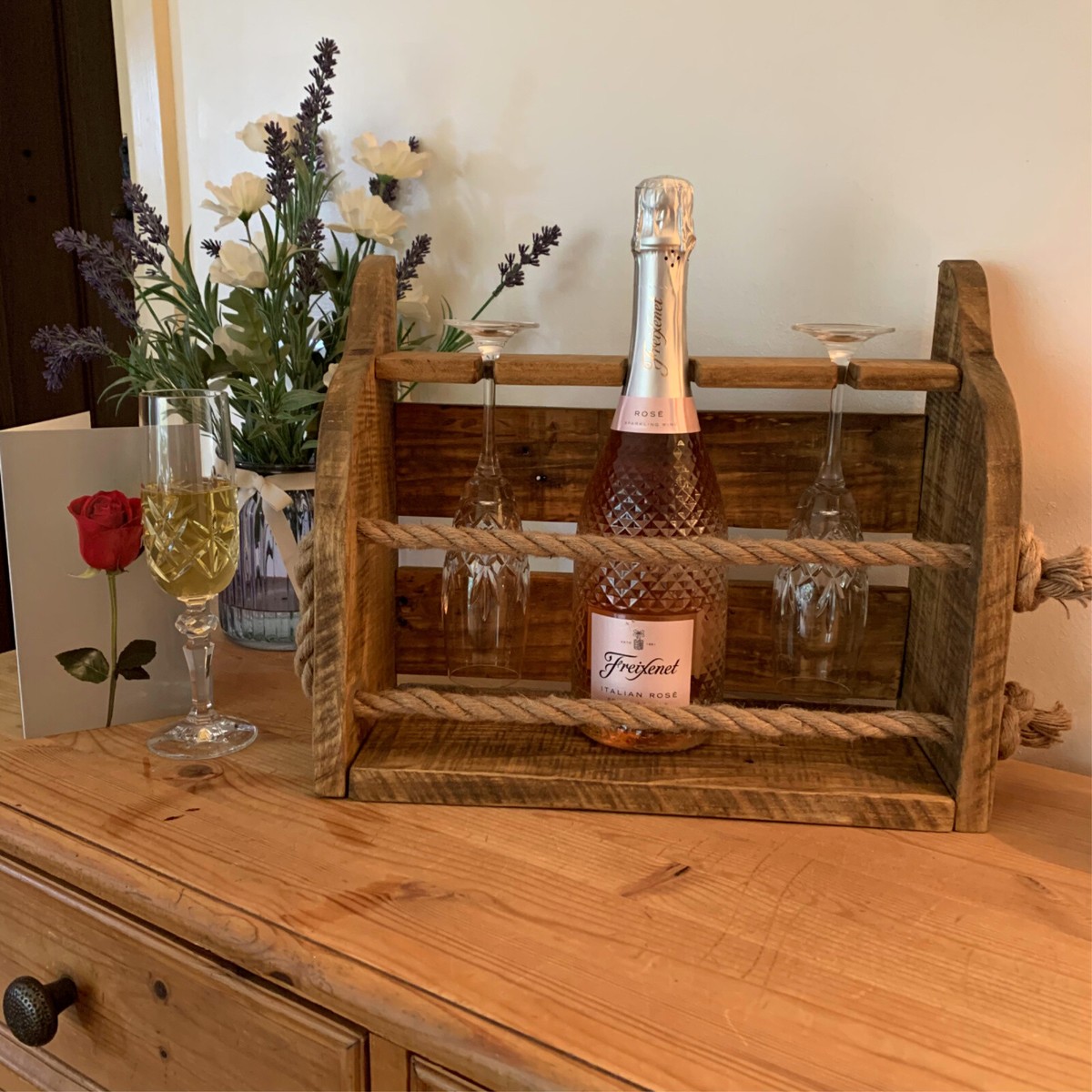 Wall Mounted or table top Handmade Rustic Glass/1 Champagne/Prosecco Bar  Shelf